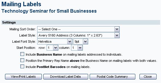 mailing labels screen